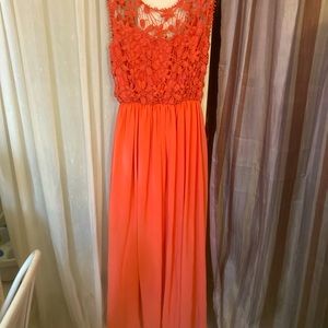 Never Worn. Lace Top, Rib Stitched Waistline, Low Back Maxi Dress.